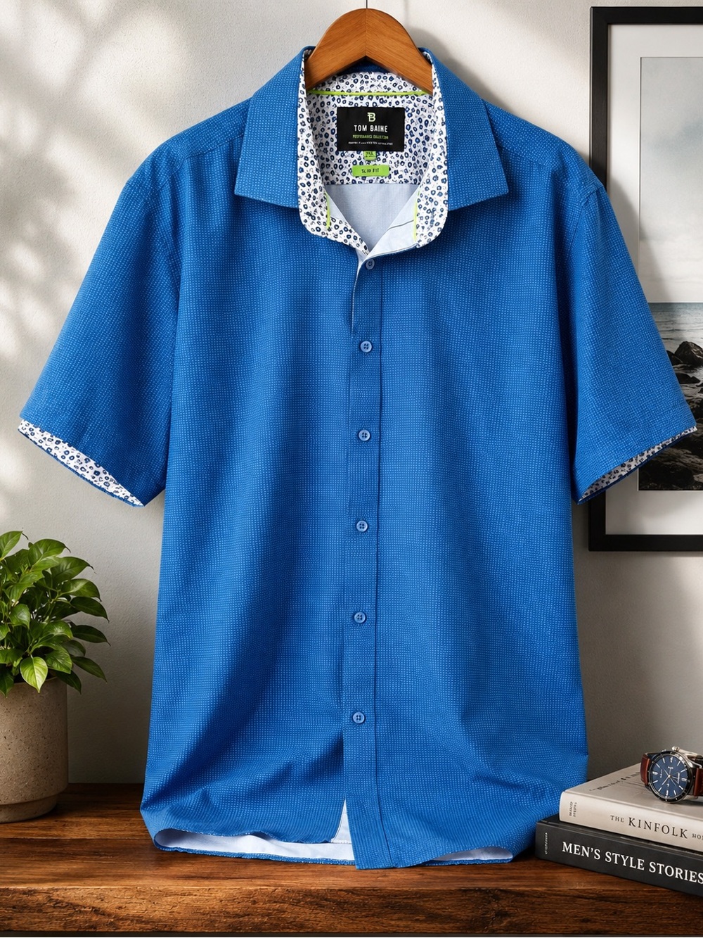 Tom Baine Performance Collection Blue Short Sleeve Shirt XXL Slim Fit